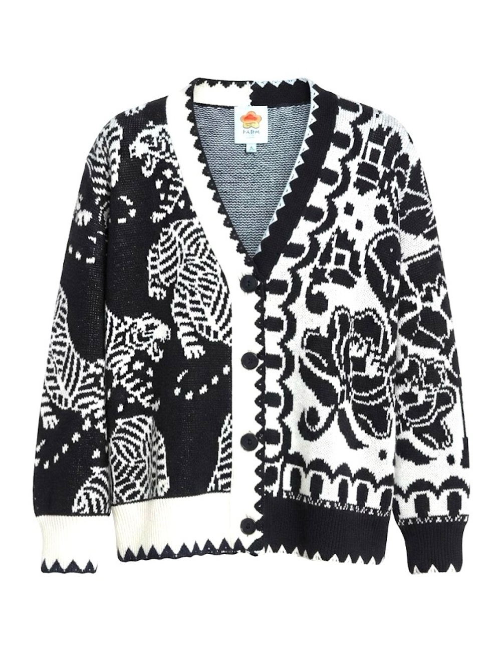 FARM Rio Monochrome Mixed Striped Tigers Buttoned Knit Cardigan Size Small NWT
